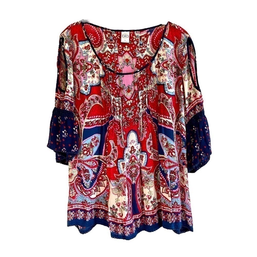 BILA, WOMENS, BOHO, CASUAL TOP. ROUND NECK, 3/4 SLEEVES, CUTOUT SHOULDERS.SIZE L